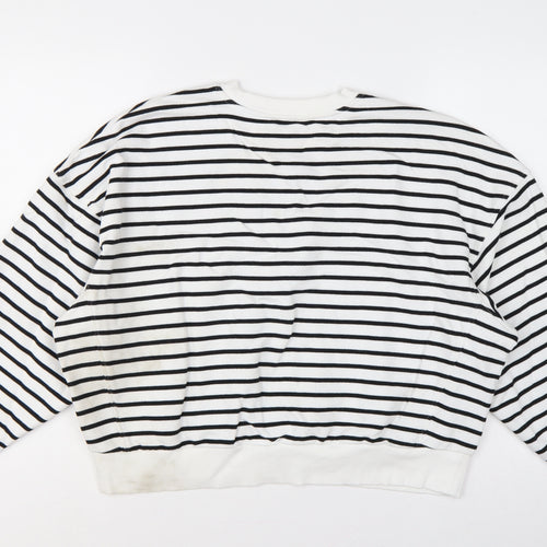 Marks & Spencer Women White Black L Striped Pullover Sweatshirt Pockets