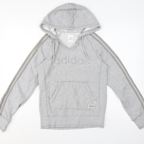 Adidas Women Grey UK 8 Pullover Hoodie Embroidered Logo 3 Stripe Cotton