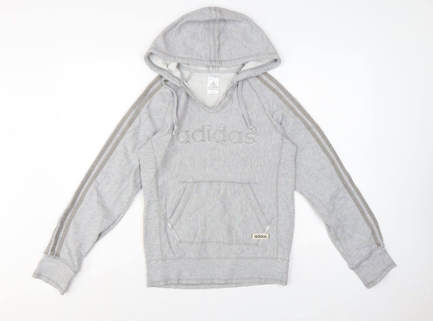 Adidas Women Grey UK 8 Pullover Hoodie Embroidered Logo 3 Stripe Cotton