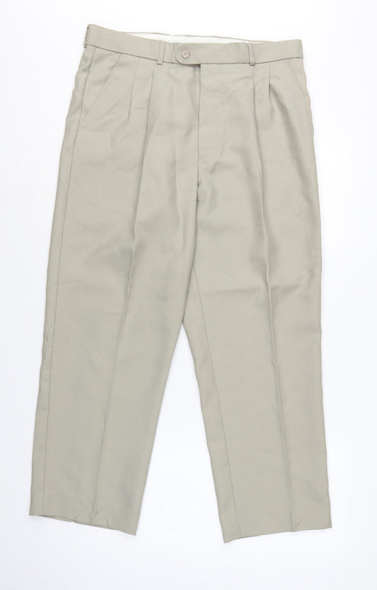 Premier Man Men's Beige 34S Pleated Tapered Dress Trousers