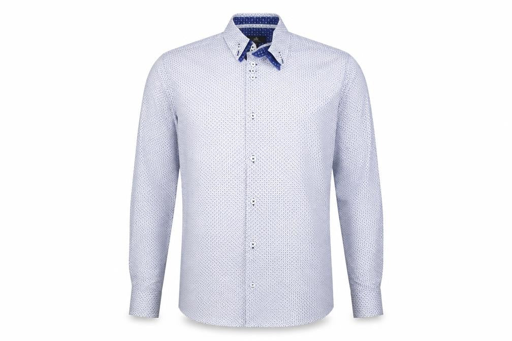 Front view of Next Tailoring Men’s Blue Geometric Slim Fit XL Cotton Shirt