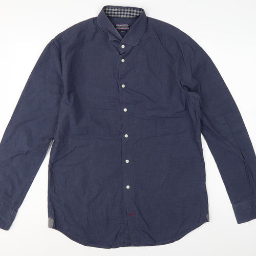 Tommy Hilfiger Men Blue 16.5 Slim Fit Linen Button Down Shirt