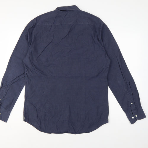 Tommy Hilfiger Men Blue 16.5 Slim Fit Linen Button Down Shirt