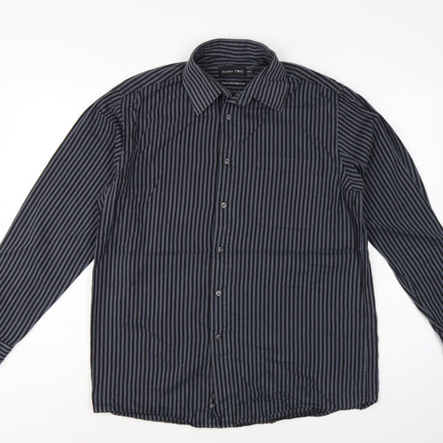 Double TWO Men’s Black Grey Stripe 15.5 Collar Cotton Button-Up Shirt