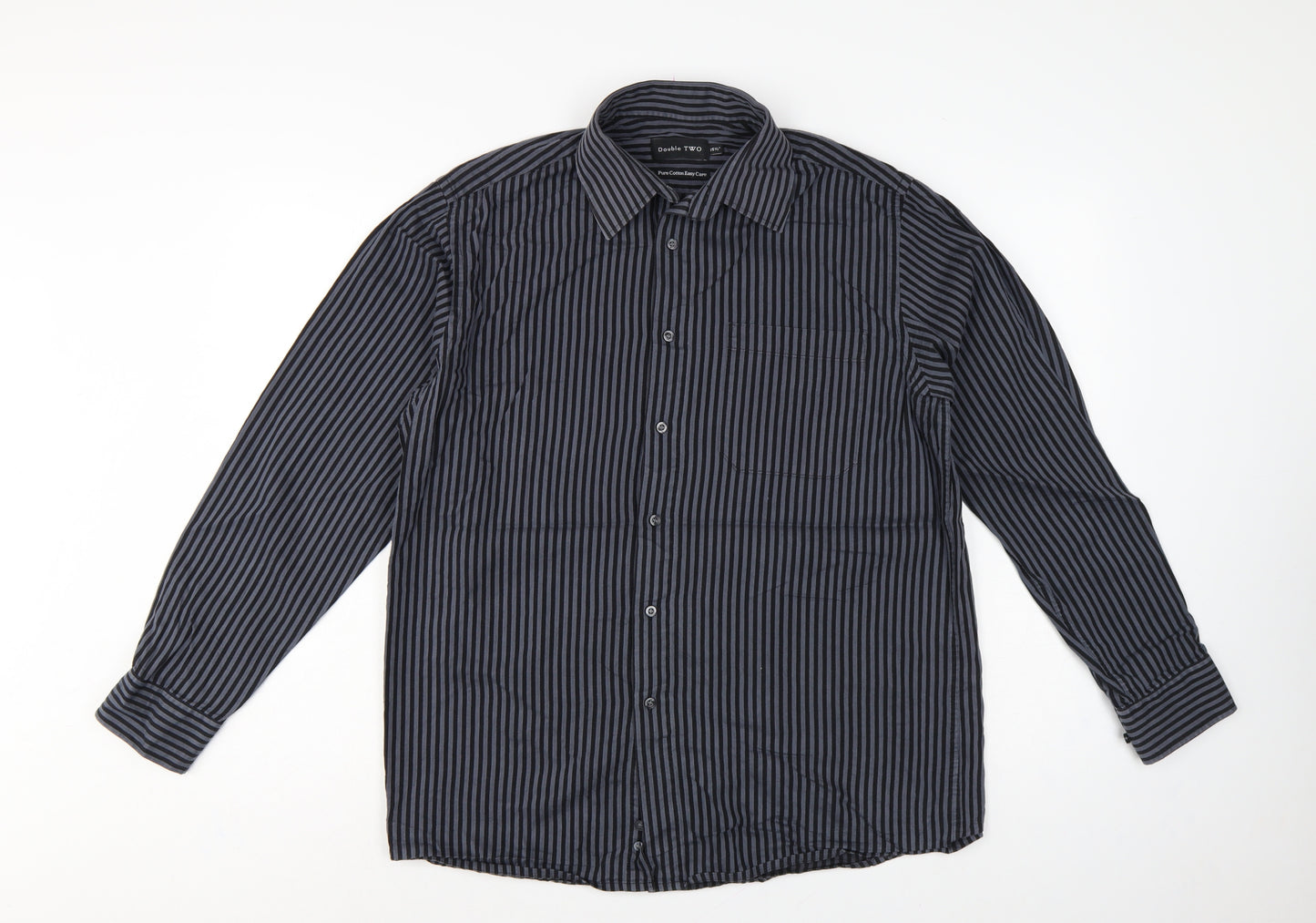 Double TWO Men’s Black Grey Stripe 15.5 Collar Cotton Button-Up Shirt