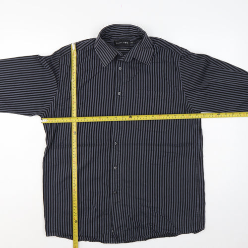 Double TWO Men’s Black Grey Stripe 15.5 Collar Cotton Button-Up Shirt