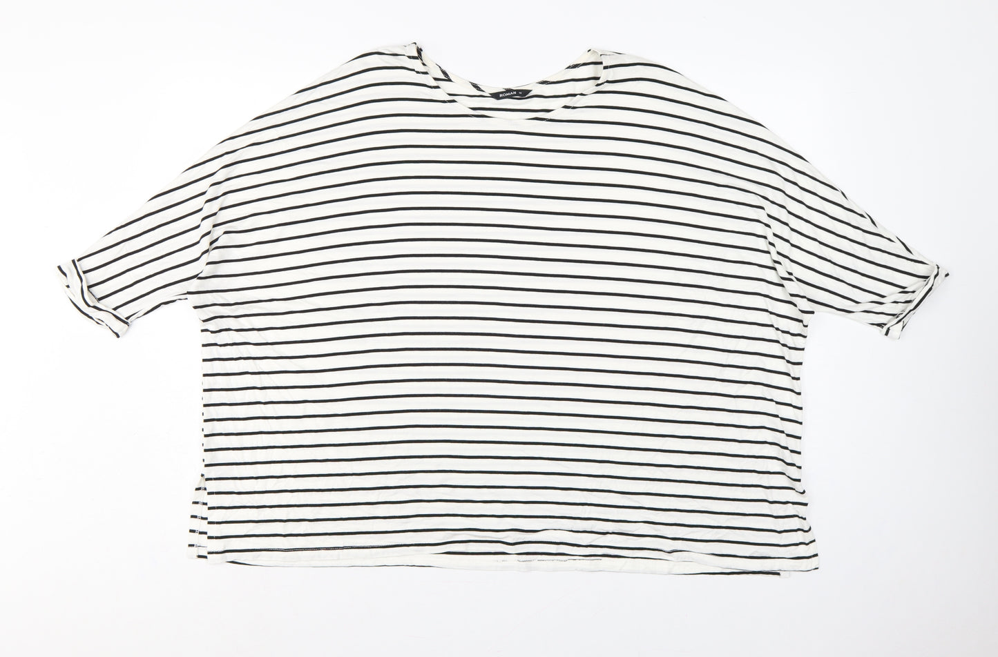 Roman Women White Black Striped Size 14 Relaxed Viscose T-Shirt