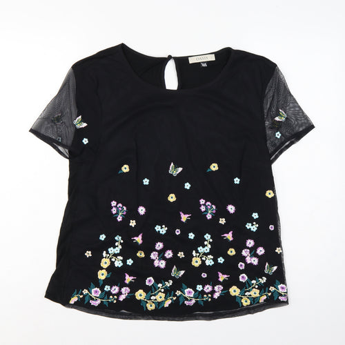 Oasis Women Black UK 14 Embroidered Floral Butterfly Sheer Sleeve Blouse
