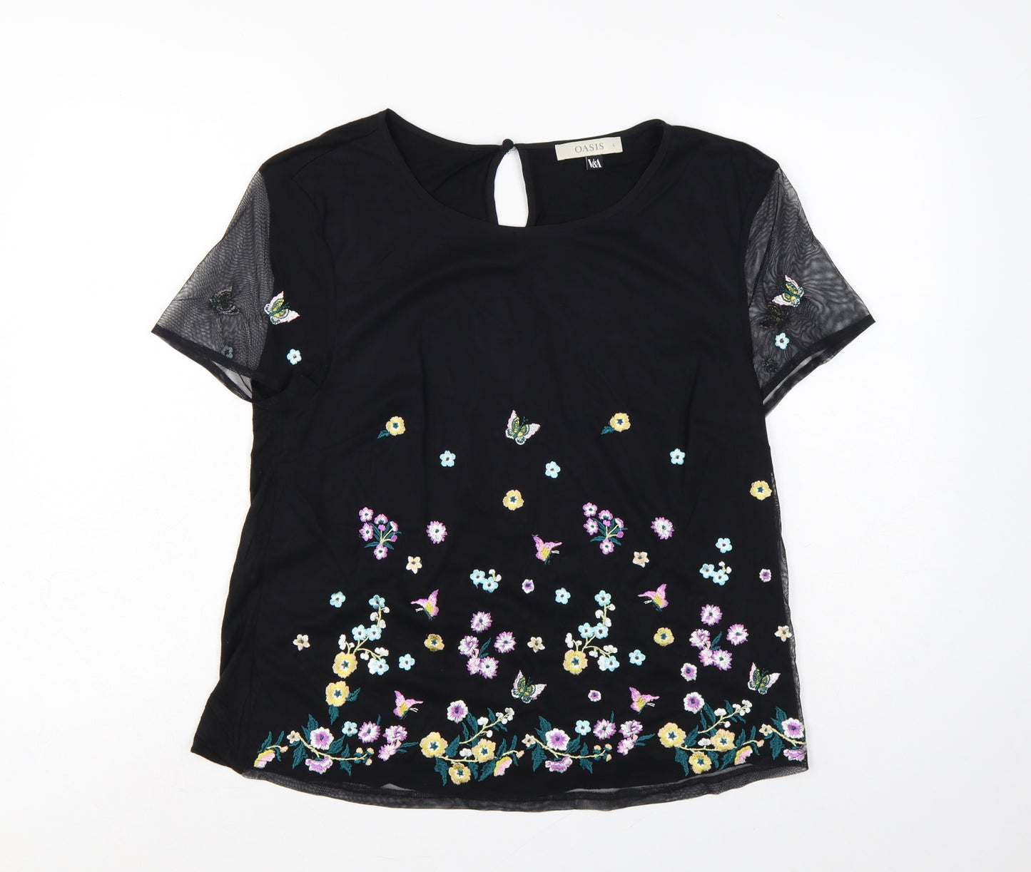 Oasis Women Black UK 14 Embroidered Floral Butterfly Sheer Sleeve Blouse
