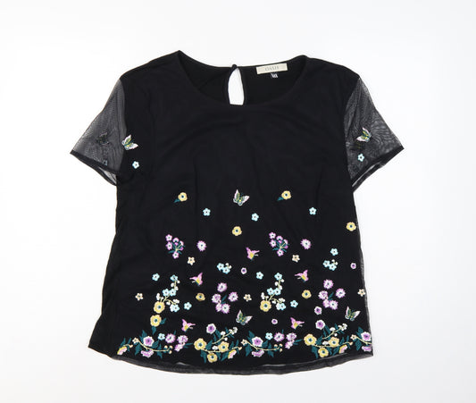 Oasis Women Black UK 14 Embroidered Floral Butterfly Sheer Sleeve Blouse
