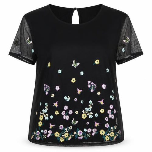Oasis Women Black UK 14 Embroidered Floral Butterfly Sheer Sleeve Blouse