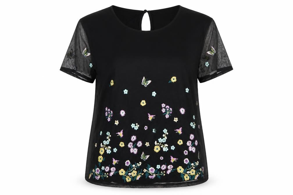 Oasis Women Black UK 14 Embroidered Floral Butterfly Sheer Sleeve Blouse