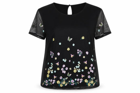 Oasis Women Black UK 14 Embroidered Floral Butterfly Sheer Sleeve Blouse