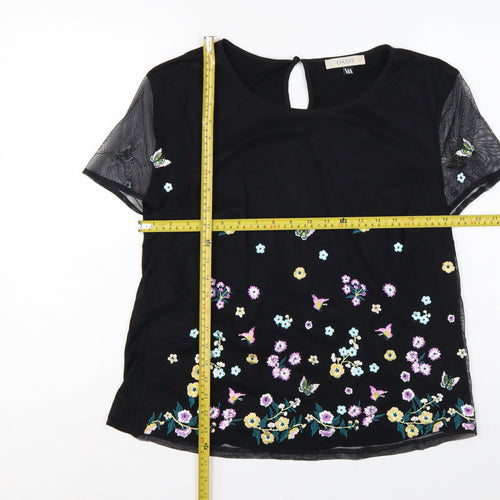 Oasis Women Black UK 14 Embroidered Floral Butterfly Sheer Sleeve Blouse