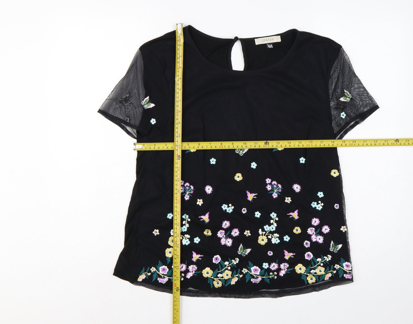 Oasis Women Black UK 14 Embroidered Floral Butterfly Sheer Sleeve Blouse