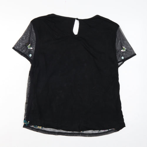 Oasis Women Black UK 14 Embroidered Floral Butterfly Sheer Sleeve Blouse