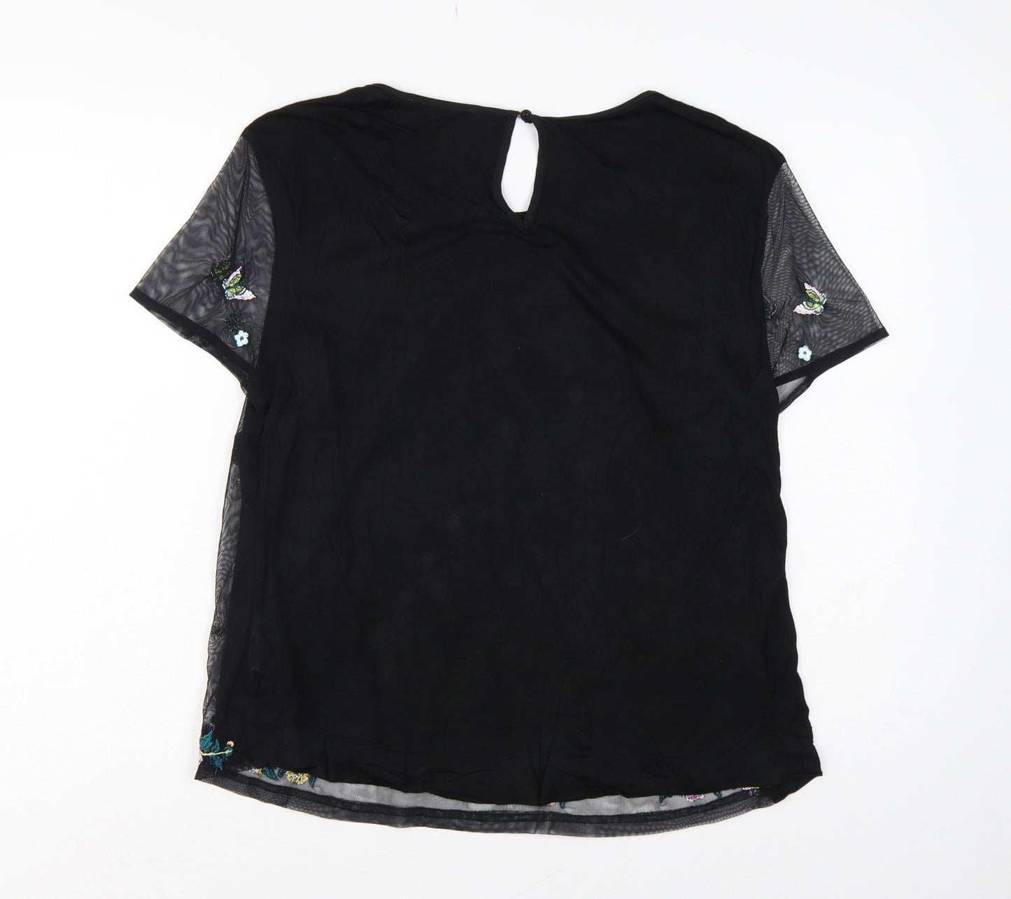 Oasis Women Black UK 14 Embroidered Floral Butterfly Sheer Sleeve Blouse
