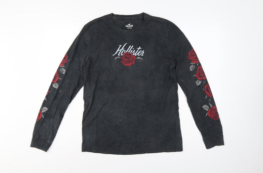 Hollister Women Black S Floral Rose Long Sleeve Cotton T-Shirt
