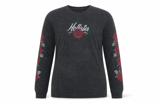 Hollister Women Black S Floral Rose Long Sleeve Cotton T-Shirt