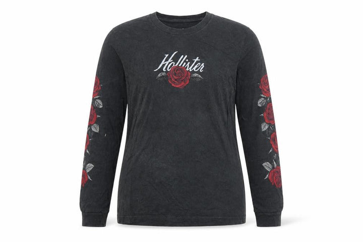 Hollister Women Black S Floral Rose Long Sleeve Cotton T-Shirt