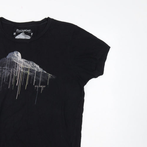 Pull&Bear Men’s Black XL Mountain Graphic Print Crew Neck T-Shirt