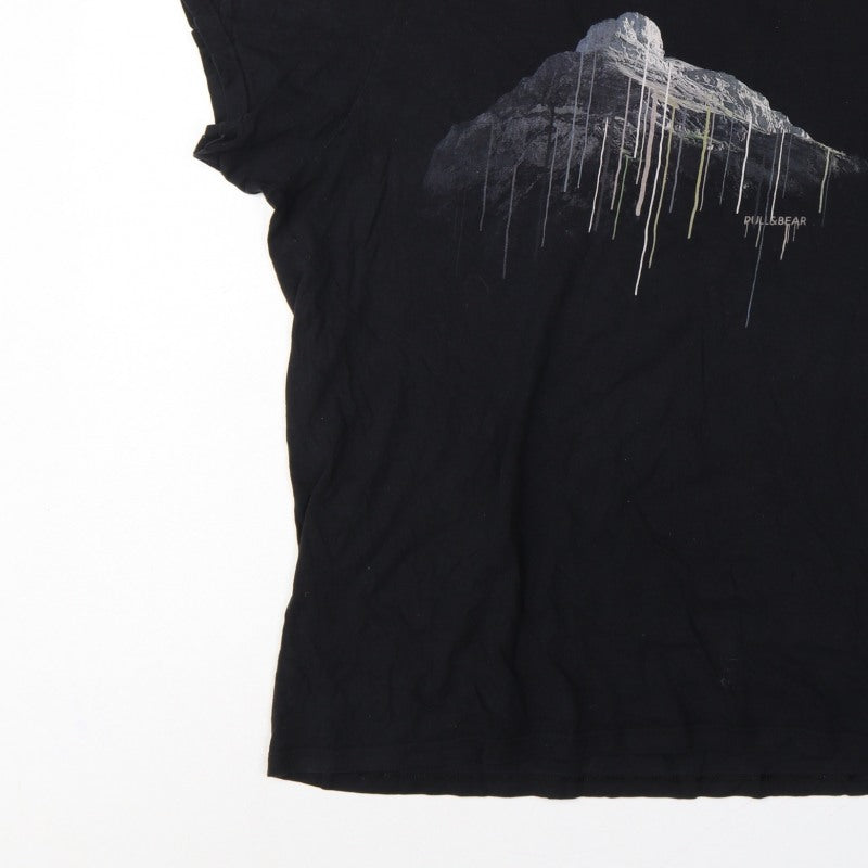 Pull&Bear Men’s Black XL Mountain Graphic Print Crew Neck T-Shirt