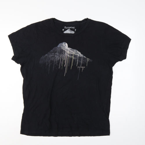 Pull&Bear Men’s Black XL Mountain Graphic Print Crew Neck T-Shirt