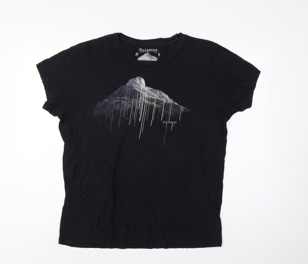 Pull&Bear Men’s Black XL Mountain Graphic Print Crew Neck T-Shirt