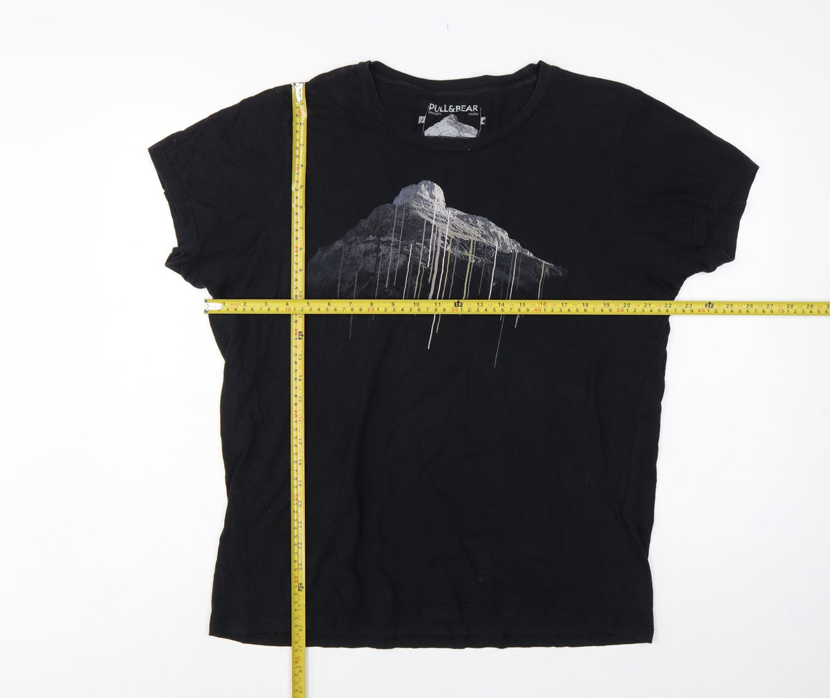 Pull&Bear Men’s Black XL Mountain Graphic Print Crew Neck T-Shirt