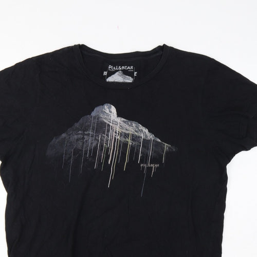 Pull&Bear Men’s Black XL Mountain Graphic Print Crew Neck T-Shirt