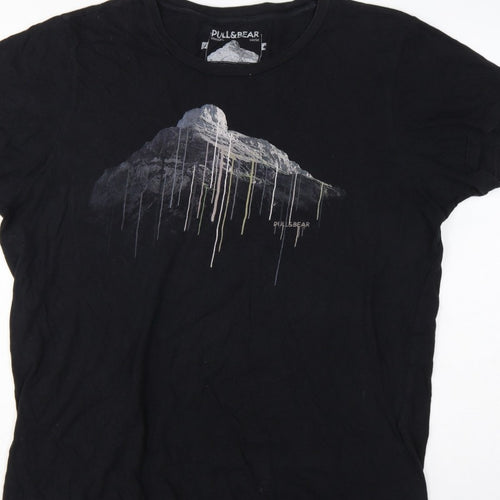 Pull&Bear Men’s Black XL Mountain Graphic Print Crew Neck T-Shirt