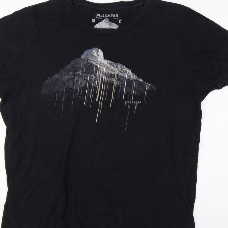 Pull&Bear Men’s Black XL Mountain Graphic Print Crew Neck T-Shirt