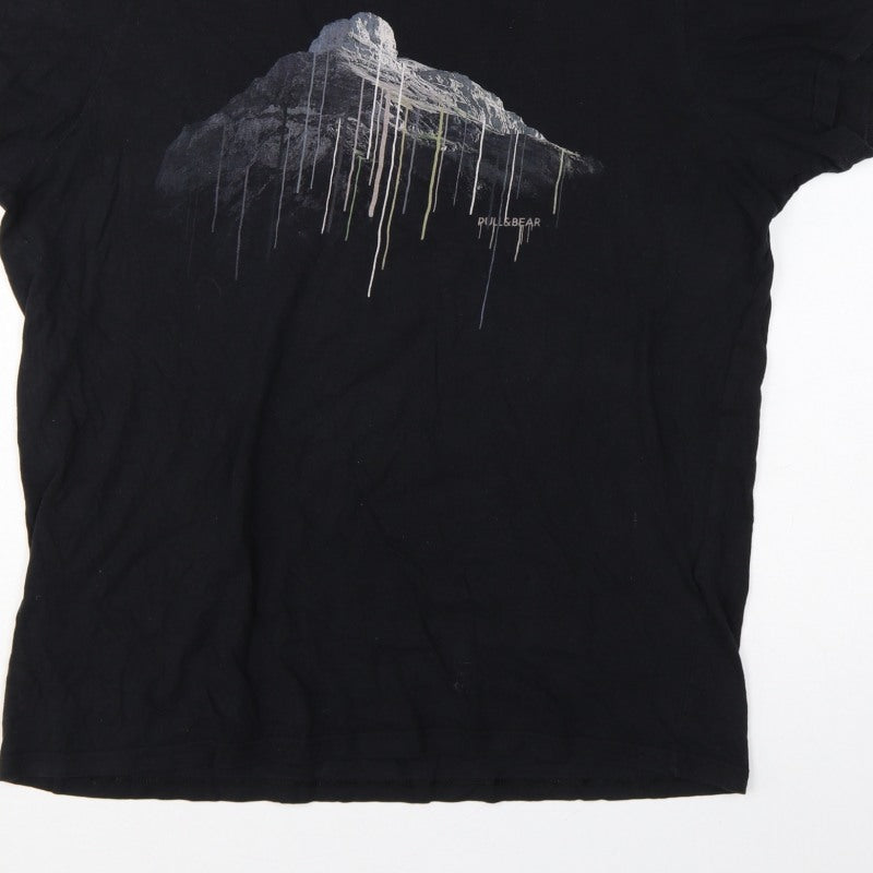 Pull&Bear Men’s Black XL Mountain Graphic Print Crew Neck T-Shirt
