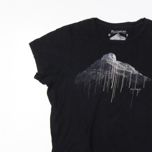 Pull&Bear Men’s Black XL Mountain Graphic Print Crew Neck T-Shirt