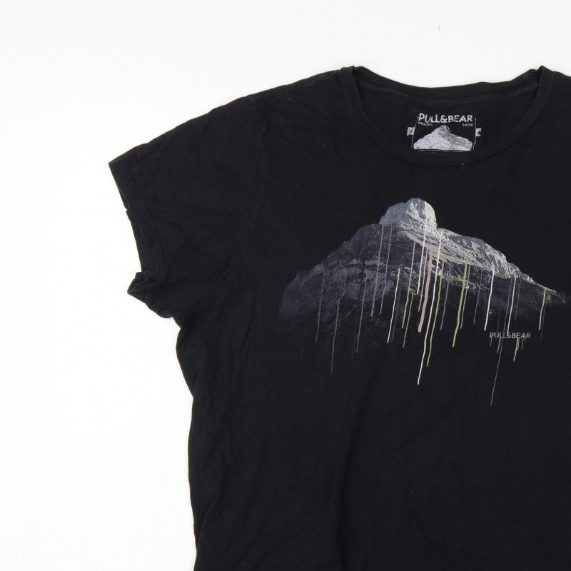 Pull&Bear Men’s Black XL Mountain Graphic Print Crew Neck T-Shirt