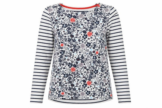 Joules Women Multicoloured UK 10 Floral Stripe Long Sleeve Cotton T-Shirt