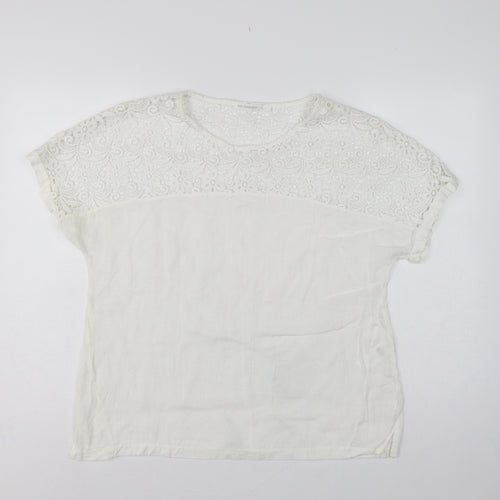 Polo Garage Women Ivory UK 14 Linen Lace Short Sleeve Blouse
