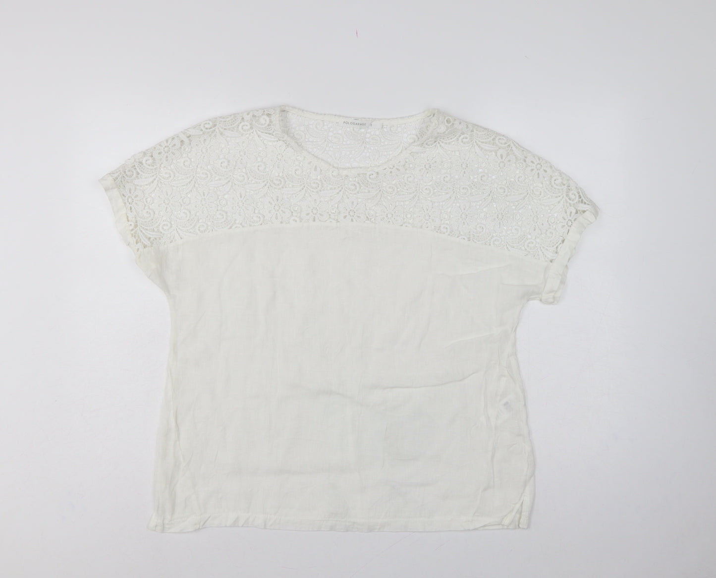 Polo Garage Women Ivory UK 14 Linen Lace Short Sleeve Blouse