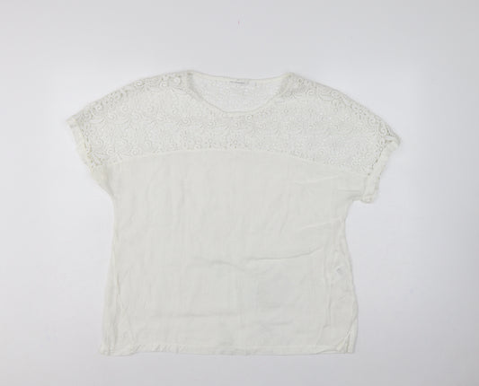 Polo Garage Women Ivory UK 14 Linen Lace Short Sleeve Blouse