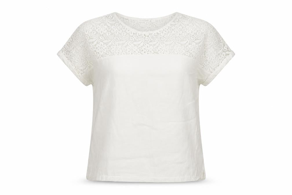 Polo Garage Women Ivory UK 14 Linen Lace Short Sleeve Blouse