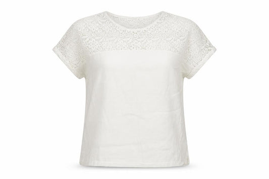 Polo Garage Women Ivory UK 14 Linen Lace Short Sleeve Blouse