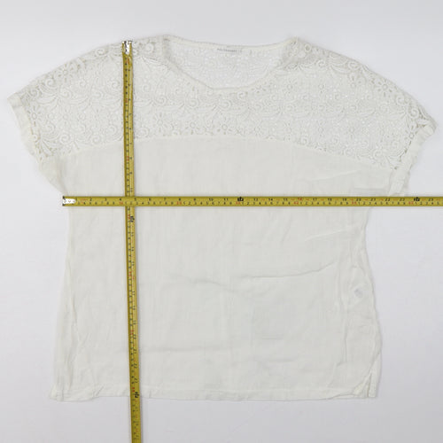 Polo Garage Women Ivory UK 14 Linen Lace Short Sleeve Blouse