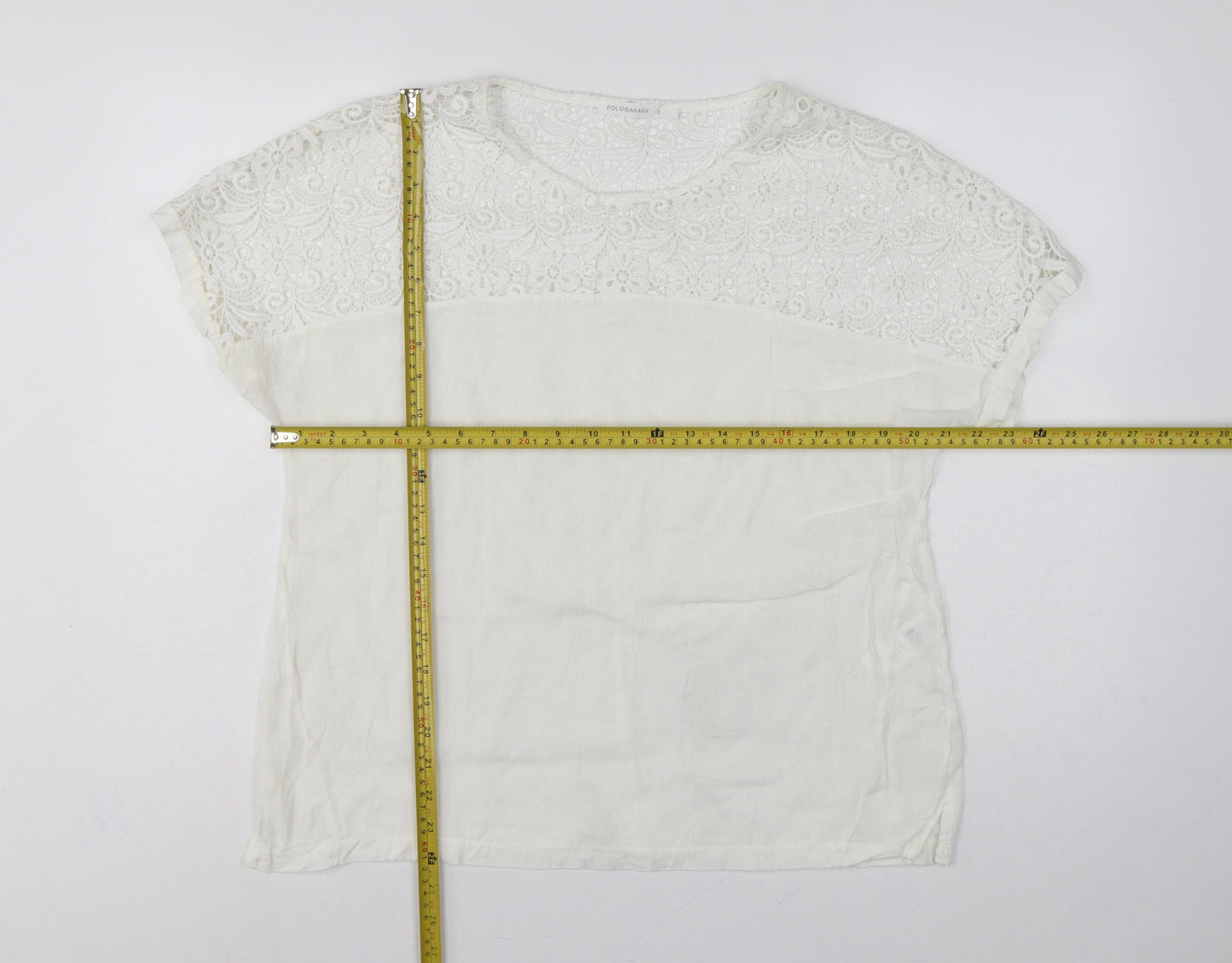 Polo Garage Women Ivory UK 14 Linen Lace Short Sleeve Blouse