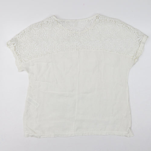 Polo Garage Women Ivory UK 14 Linen Lace Short Sleeve Blouse