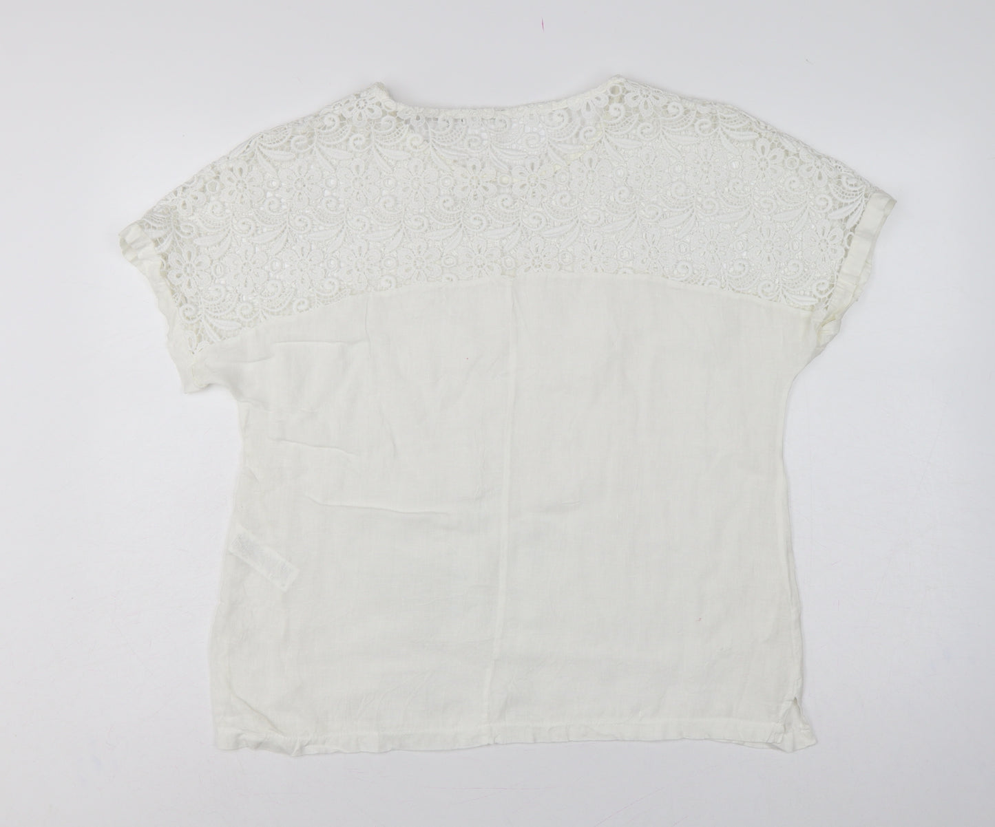 Polo Garage Women Ivory UK 14 Linen Lace Short Sleeve Blouse