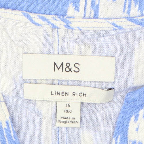 Marks and Spencer Women Blue White Size 16 Linen Shift Mini Dress