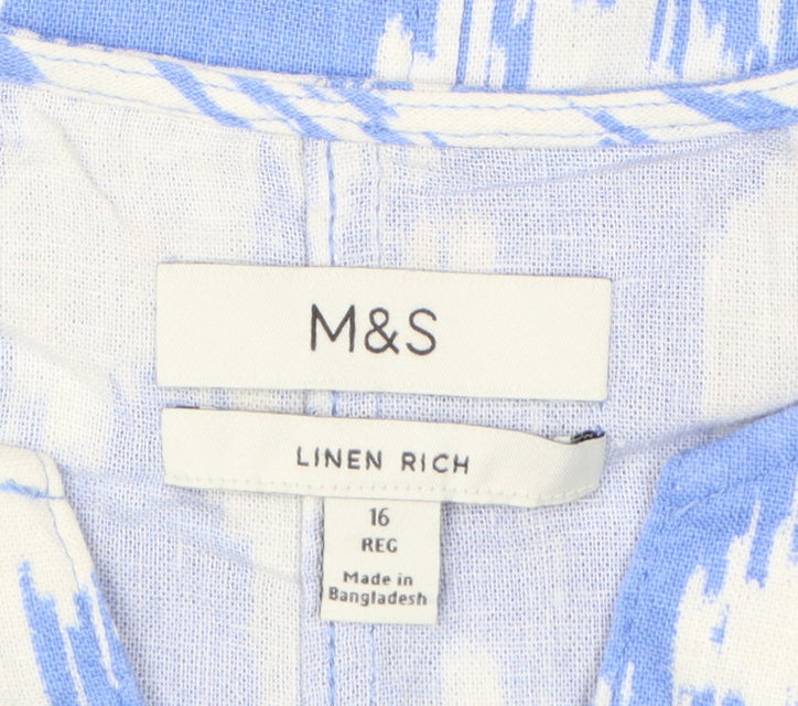 Marks and Spencer Women Blue White Size 16 Linen Shift Mini Dress