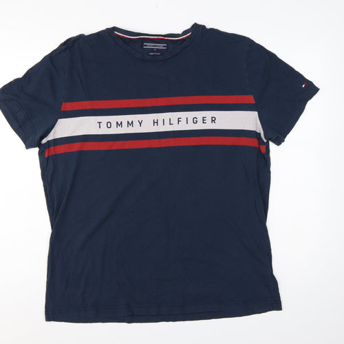 Tommy Hilfiger Men's Blue XL Logo Stripe Crew Neck T-Shirt
