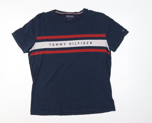 Tommy Hilfiger Men's Blue XL Logo Stripe Crew Neck T-Shirt