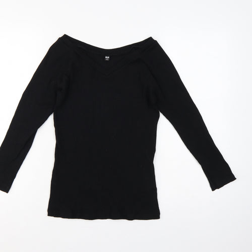 Uniqlo Women Black M Ribbed V-Neck Long Sleeve Slim Basic T-Shirt